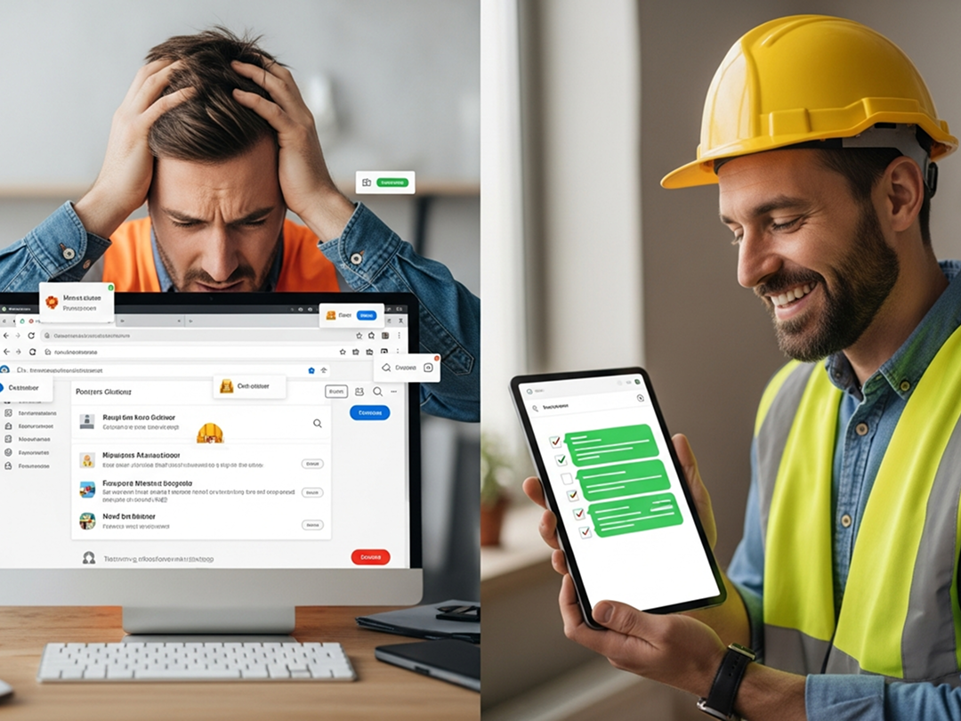 Two construction professionals reviewing a digital task interface on a tablet and desktop; side-by-side comparison of mobile apps labeled 'Old Way' and 'TaskTag Way'; one image marked with a 'FEATURED' label.