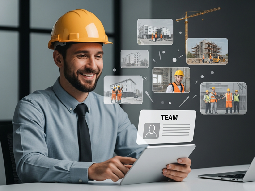Construction project manager using TaskTag software to organize teams, with digital interface and featured tools displayed on screen