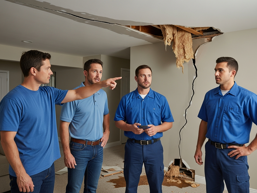 Restoration project team assessing ceiling damage inside a building