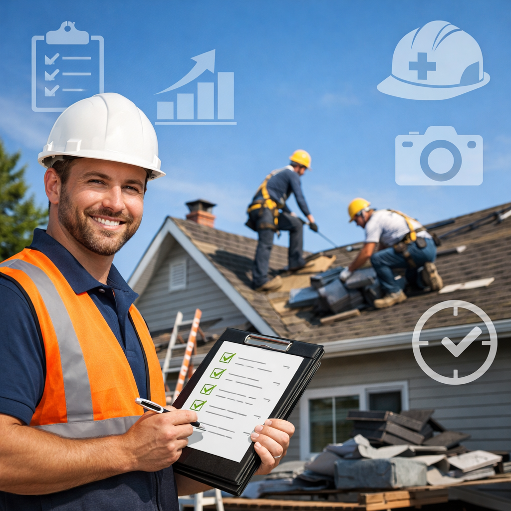 Roofing project manager reviewing a jobsite checklist on a tablet while a crew works on a roof.
