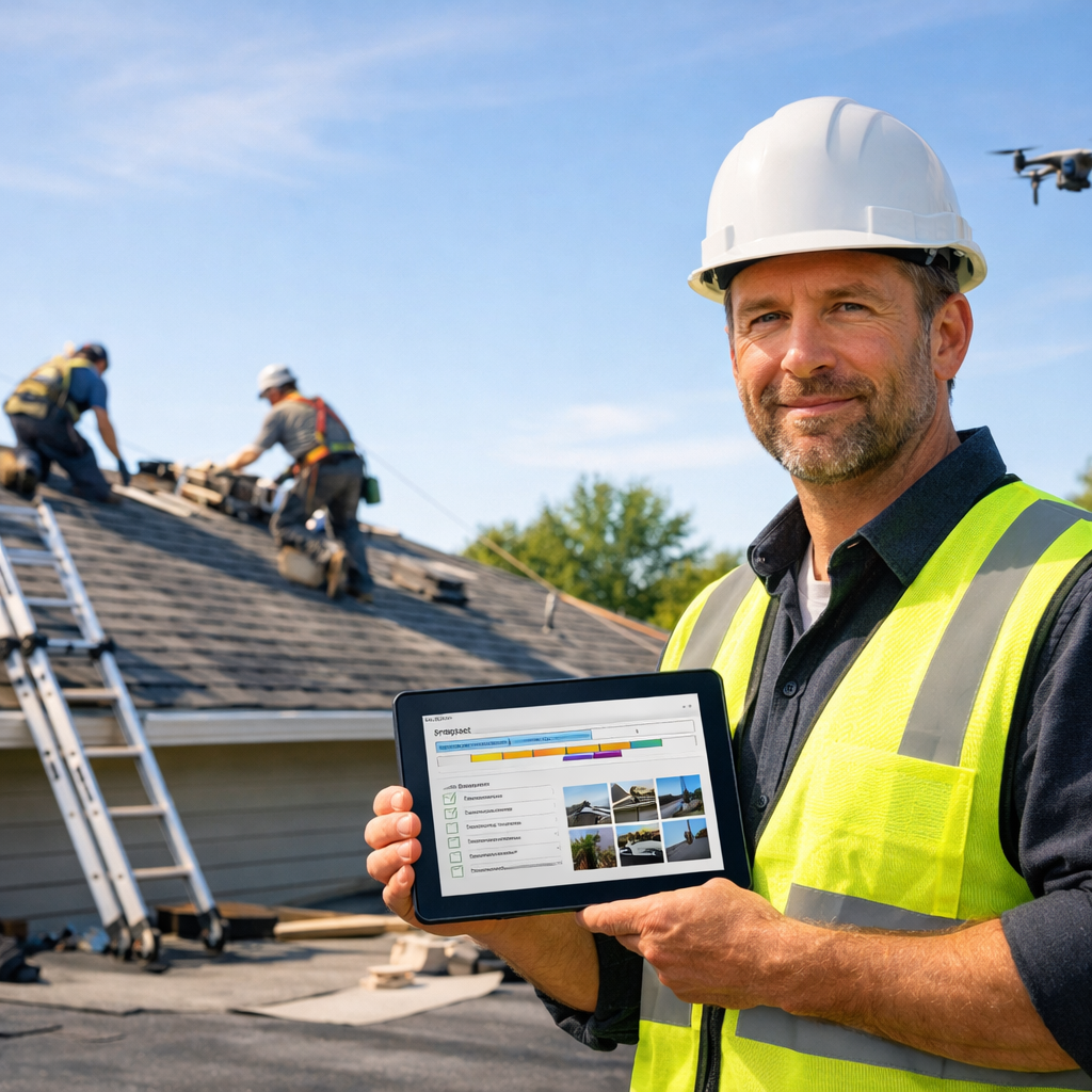 Roofing project manager in a hard hat using a tablet with a schedule and checklist at a job site, with a roofing crew and drone inspection in the background.