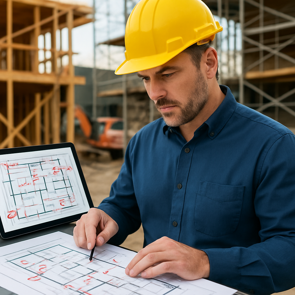Construction manager in a yellow hard hat reviewing redlined blueprints with a laptop showing as-built drawings at an active job site