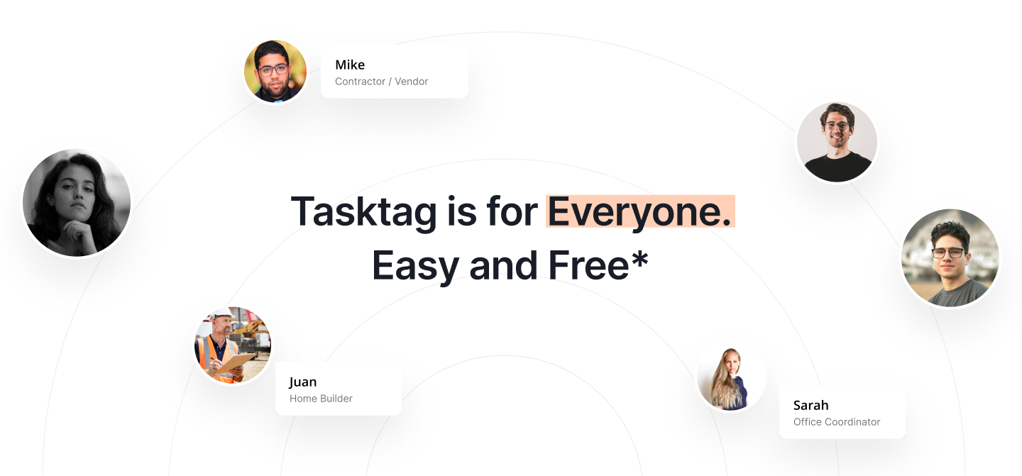 Logos of project management tools including TaskTag, Buildertrend, MANAGE, Raken, and a featured TaskTag promotional message