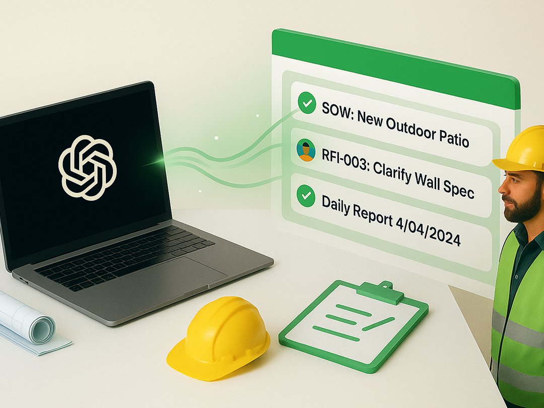 Three-part visual showing AI-assisted construction task management: – Laptop with AI icon, hard hat, and digital task list including 'New Outbase Policy' and 'Daily Report', labeled 'FEATURED'; – Laptop screen displaying a TaskTag thread with team comments on a wall spec; – TaskTag interface listing construction document types like Scope of Work (SOW), RFI, and Daily Report.
