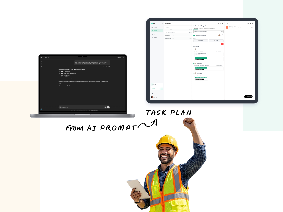 Construction worker in safety vest and helmet pointing upward beneath screens showing project planning tools, labeled 'FEATURED'; next to TaskTag logo with a yellow hard hat and the tagline 'way to plan — all in one'