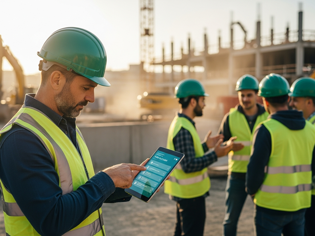 Collage of construction and communication tools: workers in safety gear using a tablet on-site; user interface screenshots including task creation, safety meeting notes titled 'Toolbox Talk – Ladder Safety', a dark-themed code editor or notes app, and a mobile post with project updates and images.
