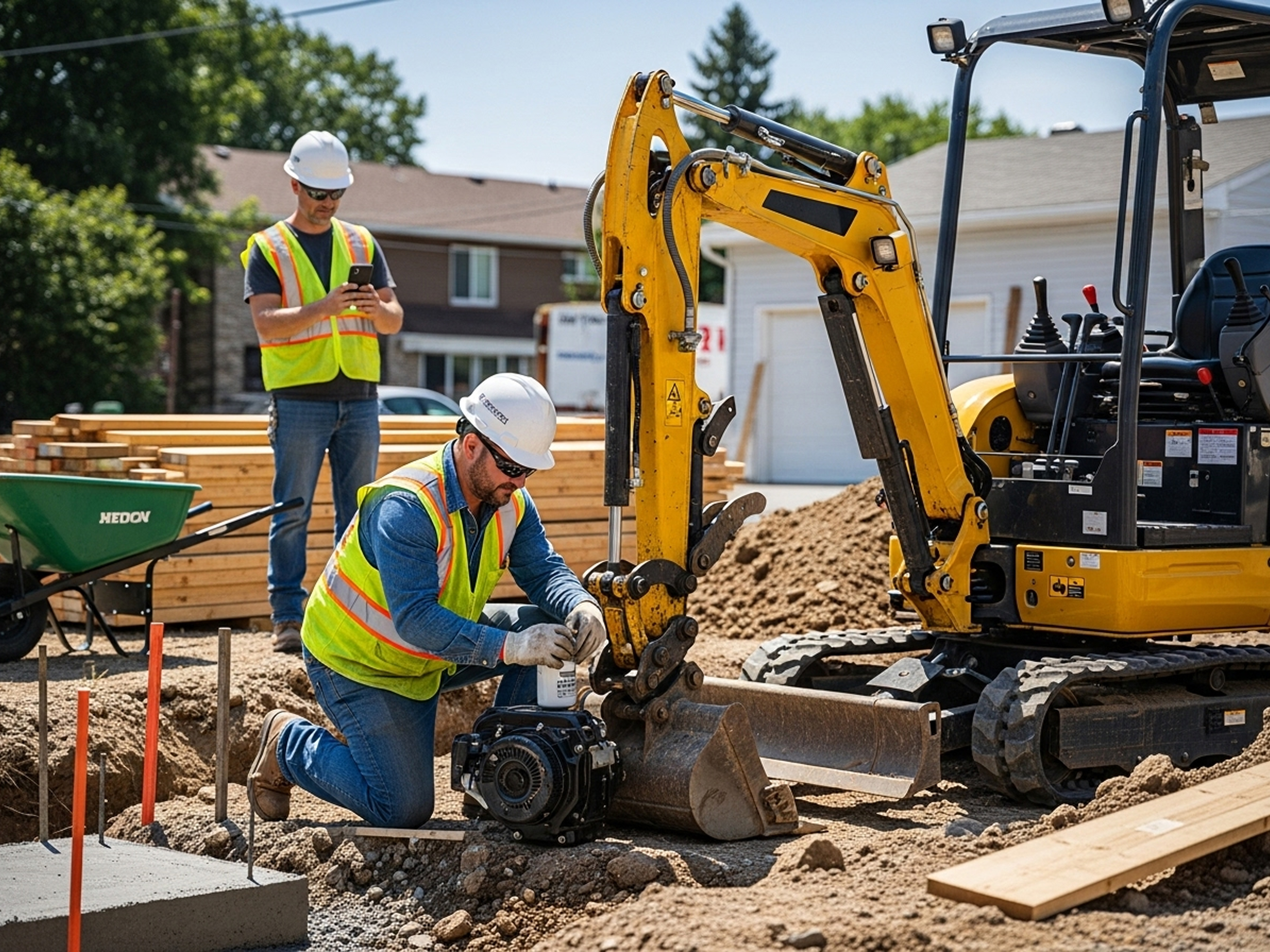Construction workers operating machinery on a job site, one kneeling and using a tablet, with an orange 'FEATURED' label; close-up of a person holding a smartphone displaying equipment photos while another uses a tablet nearby; messaging interface showing a conversation with photo attachments and a linked maintenance checklist.