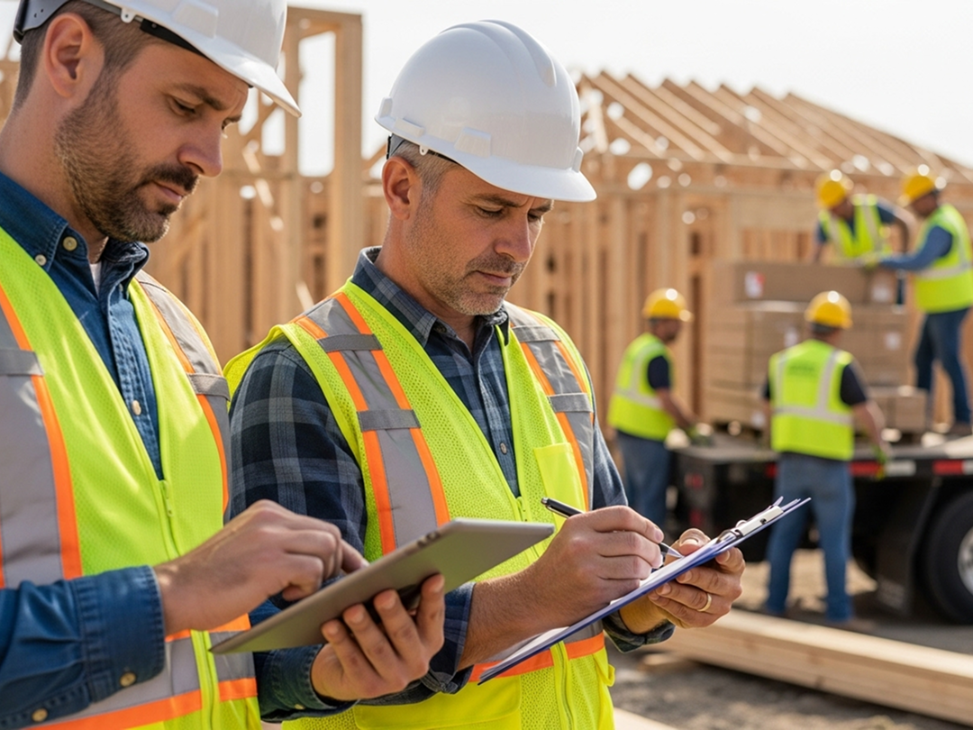 Construction professionals wearing safety vests and hard hats reviewing submittal documents on a clipboard and tablet at a framing jobsite, representing field approval workflows.