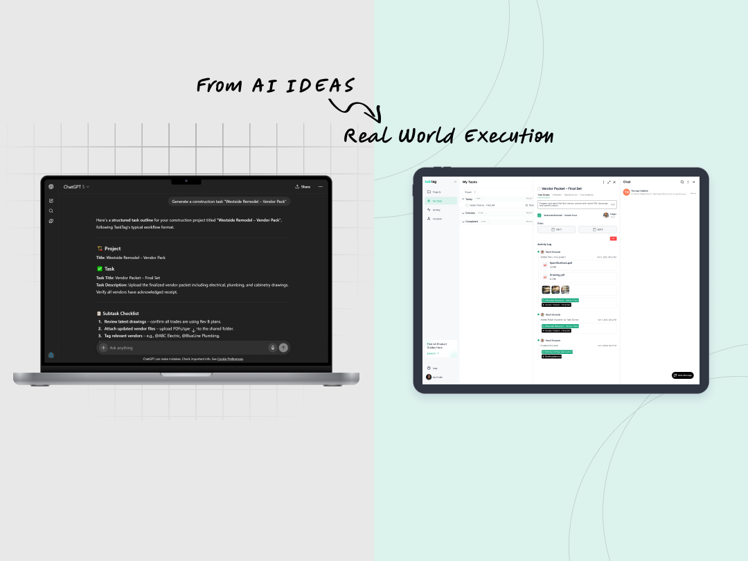Side-by-side view of ChatGPT code generation and TaskTag task management dashboard, representing AI-powered construction planning and real-world execution.