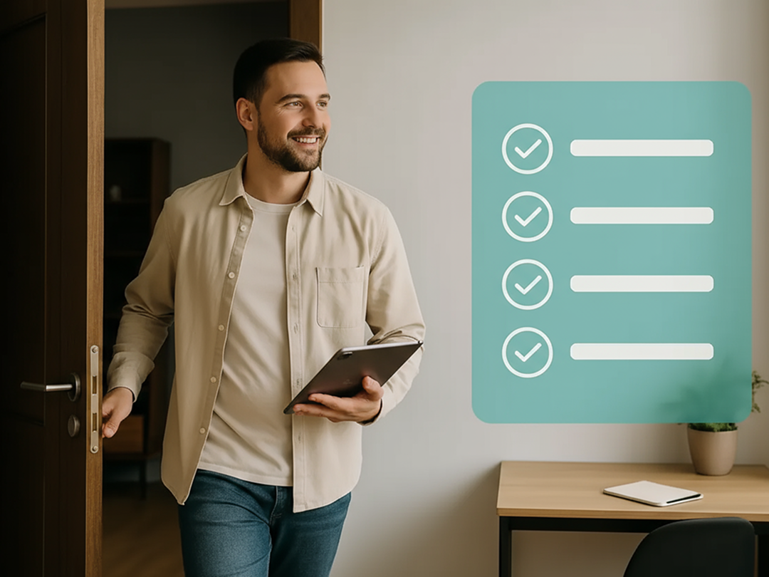 Smiling man holding a tablet in front of a wall with a digital checklist graphic, labeled with an orange 'FEATURED' tag; beside him, a TaskTag feature list highlighting benefits like fast onboarding, freelancer collaboration, no configuration overload, and low pricing.