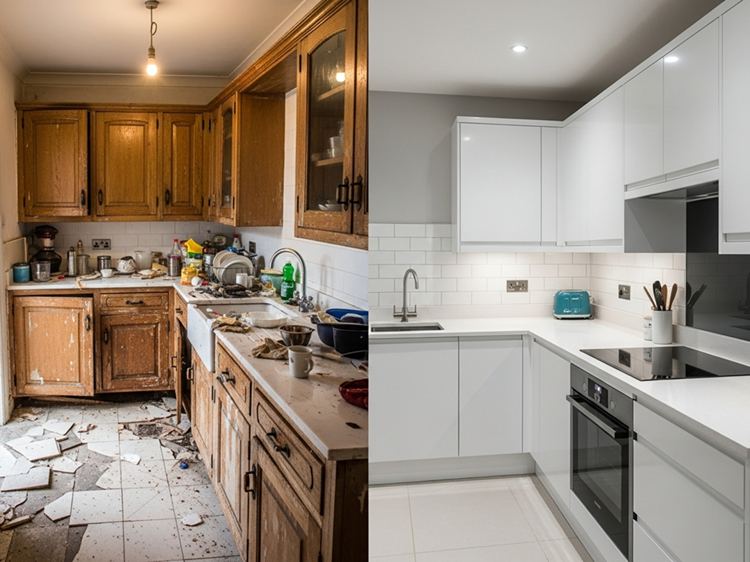 Side-by-side before and after images of a kitchen renovation, showing a transformation from a dated, cluttered space to a clean, modern design — representing construction progress tracking with TaskTag.