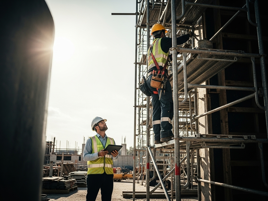 Construction workers conducting a safety inspection on scaffolding with a foreman documenting the process using a tablet, representing digital safety tracking on-site.