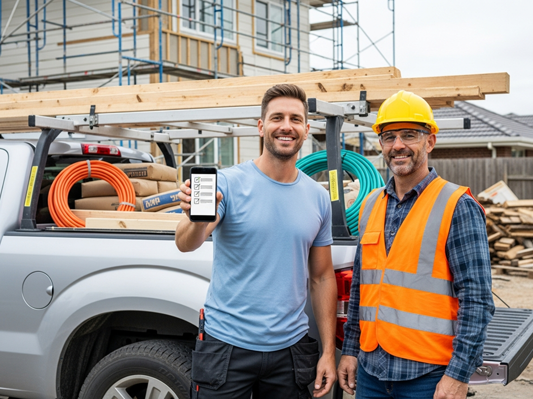 Collage of construction project management visuals: smiling contractor and worker on-site holding a tablet, marked with an orange 'FEATURED' label; multiple screenshots of a task management interface showing forms for assigning tasks, setting due dates, and updating statuses; mobile and desktop views of project updates with images and team collaboration features.