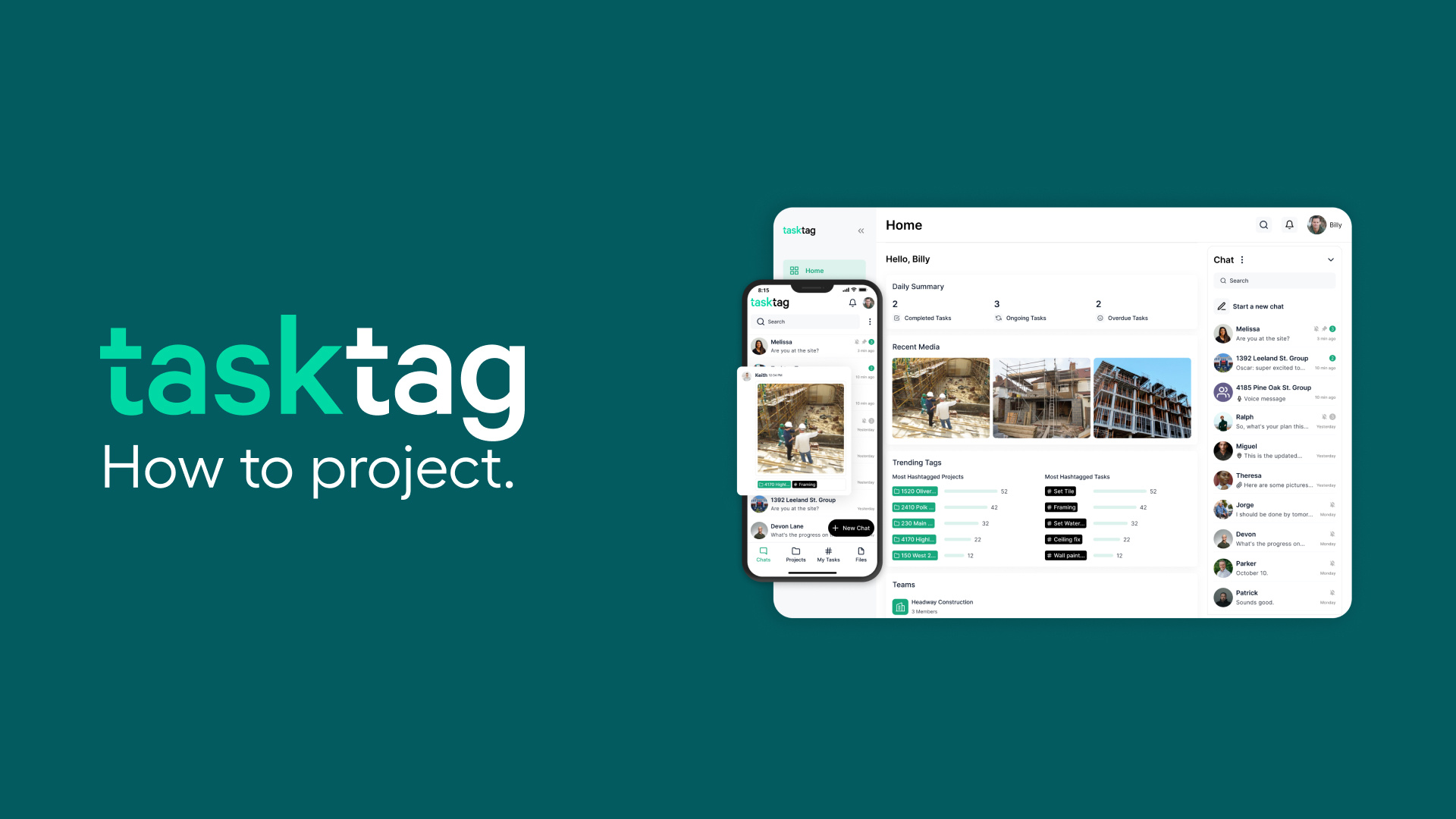 Logos of construction project management tools: TaskTag (featured), CoConstruct, and BuildTools