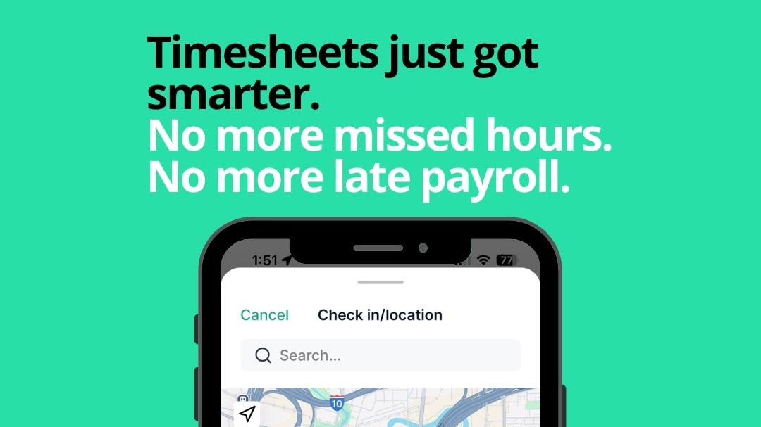 Mobile app ad for smart timesheets with text promoting fewer missed hours and no late payroll, featured image