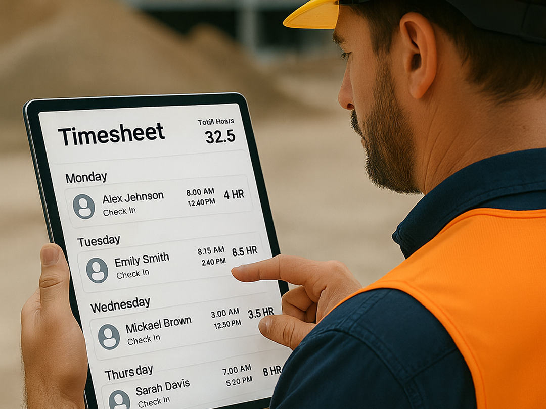 Construction worker viewing a digital timesheet on a tablet, showing daily hours tracked and project tags, representing real-time crew time management with TaskTag.