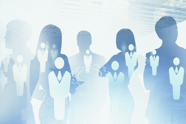 Illustration of a contact group creation interface with silhouettes of business professionals, featured image